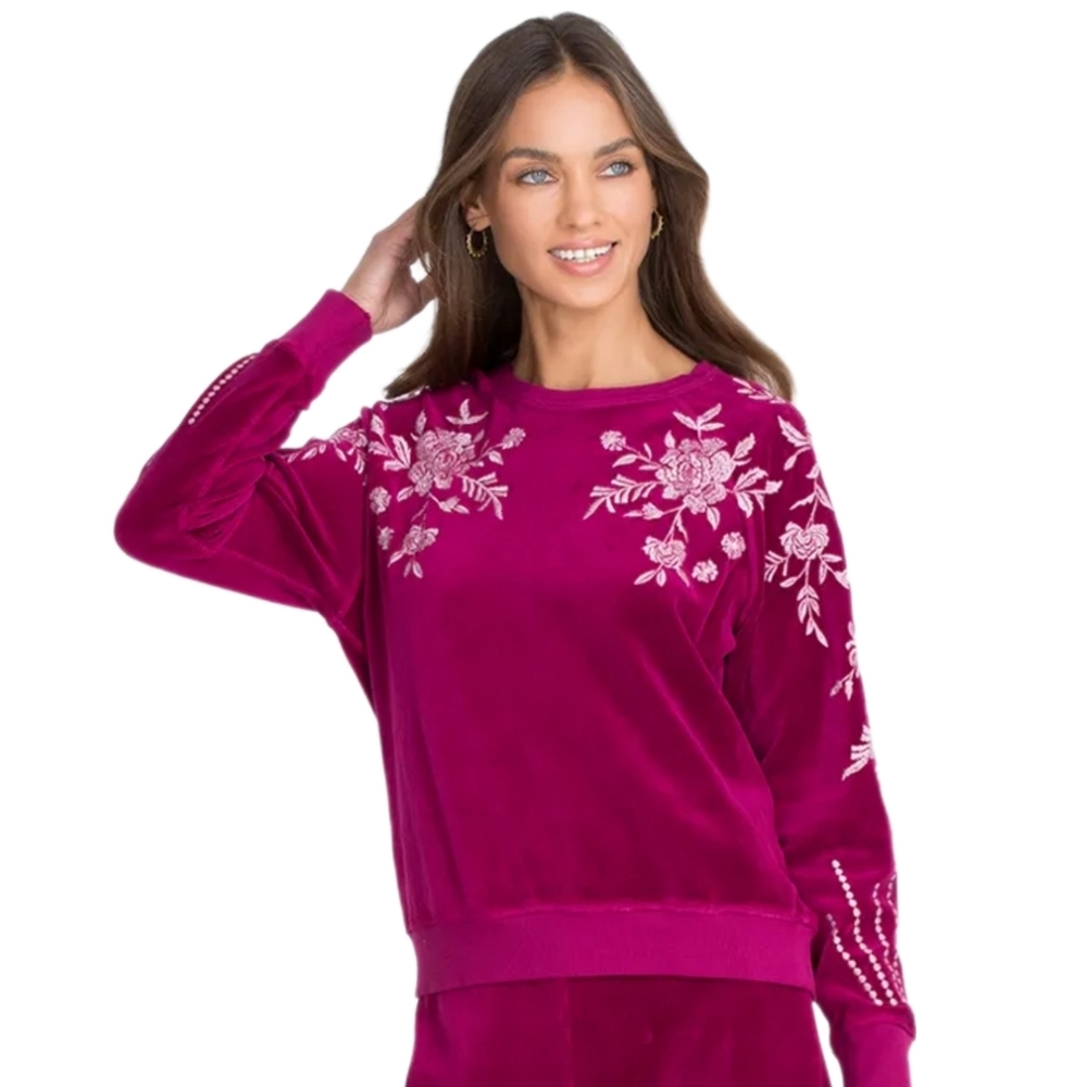 Johnny Was Leona Relaxed Velour Embroidered Sweatshirt
